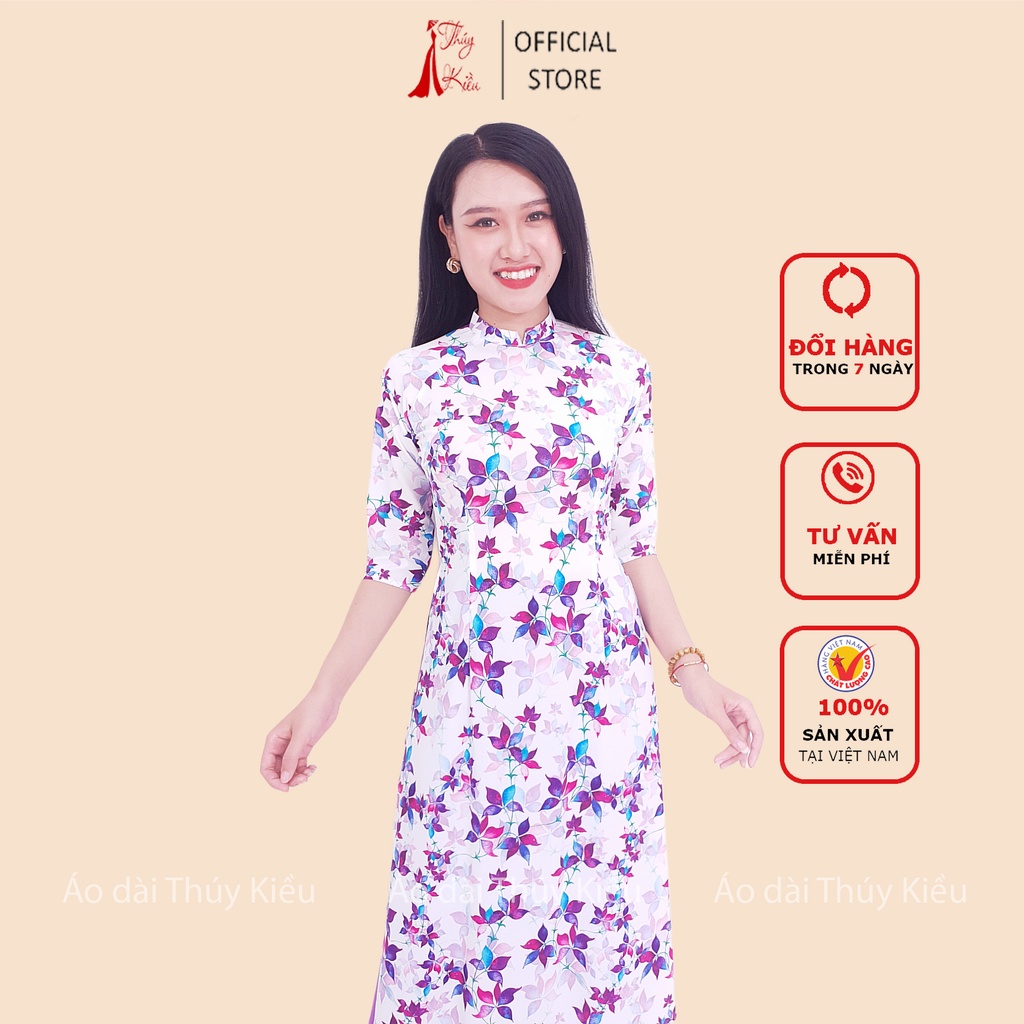 Áo dài in 3D lụa Nhật nền trắng lá tím HN08