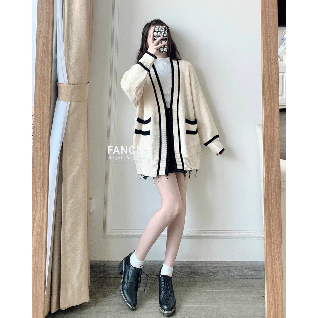 Áo khoác cardigan len nữ dài tay ulzzang Hàn Quốc, Áo cadigan len tăm vintage dệt kim