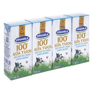 Lốc 4 hộp sữa tươi tiệt trùng không đường Vinamilk 100% Sữa Tươi 180ml