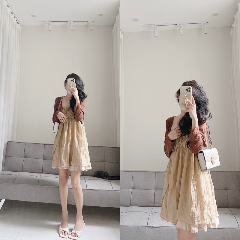 Set váy dây kèm áo cdg tone nâu be siêu hàn quốc Samhyewear
