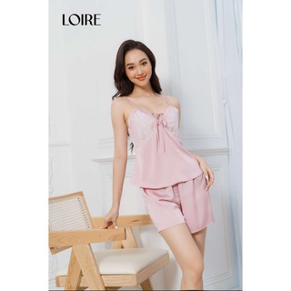 Bộ đồ ngủ áo hai dây hồng phối ren buộc nơ điệu đà loirechic bdn11