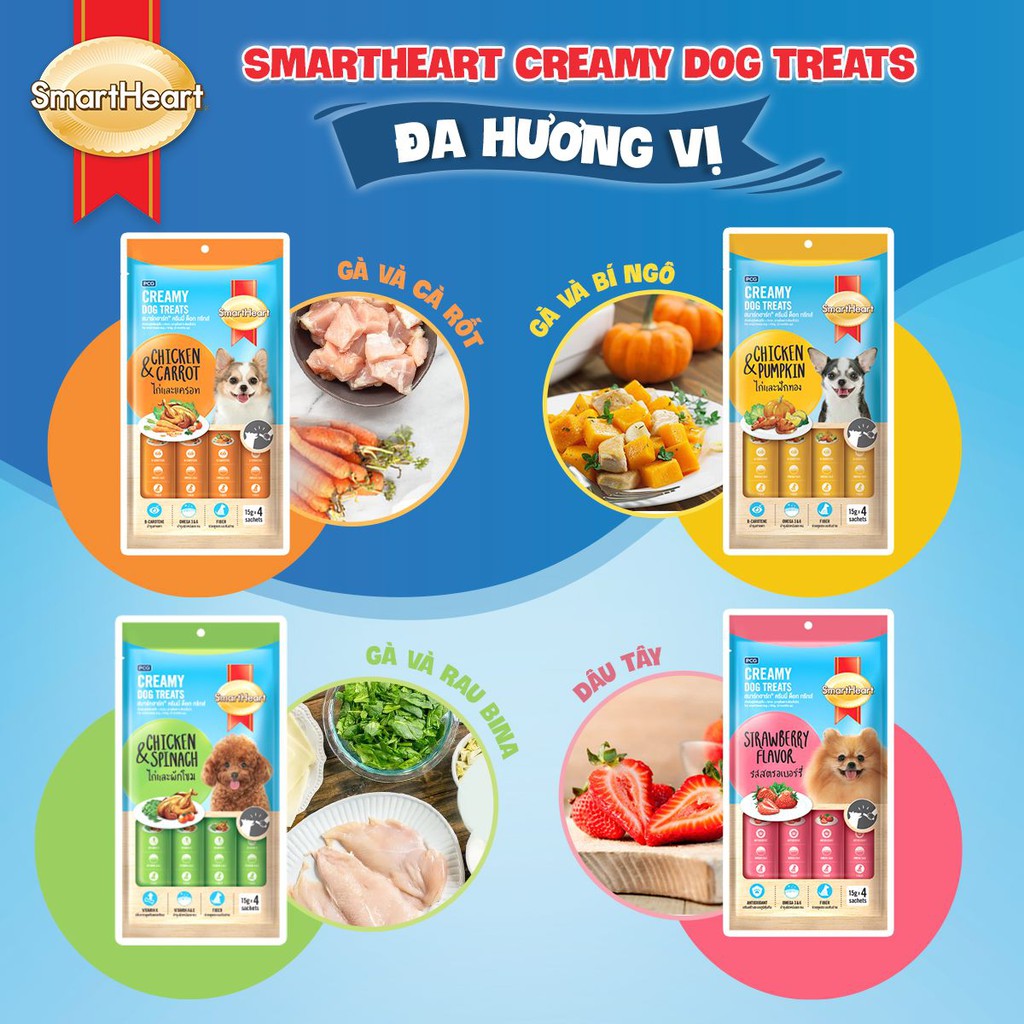 Bánh thưởng dạng kem Smartheart Creamy Dog Treat cho chó (Thịt gà Rau Bina/Dâu/Thịt gà Cà rốt/Thịt gà Bí ngô)