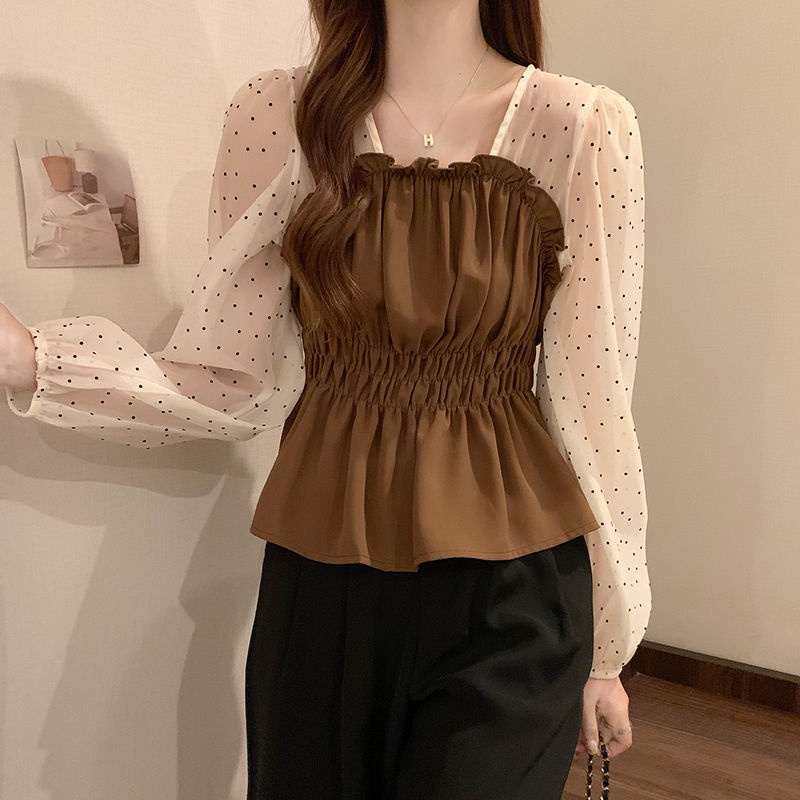 Áo Kiểu Dài Tay Cổ Vuông Họa Tiết Chấm Bi Thiết Kế Mới Thời Trang Mùa Thu Dành Cho Nữ