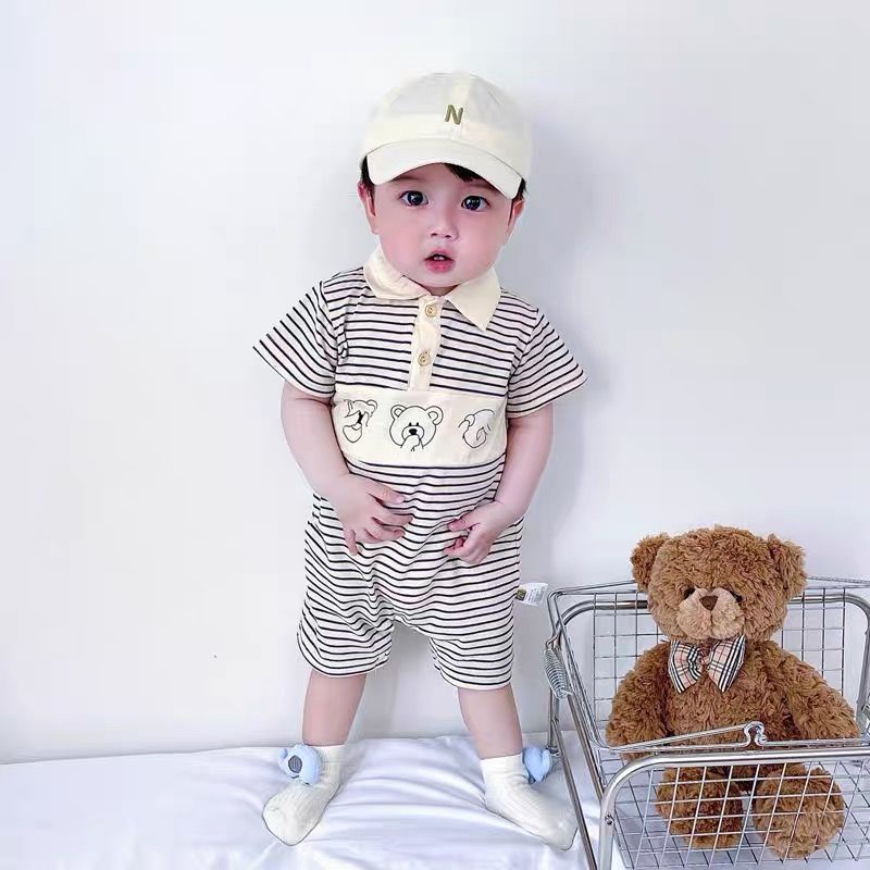 Bộ Áo Liền Quần Ngắn Tay Họa Tiết Kẻ Sọc Thời Trang Hàn Quốc Cho Bé Trai