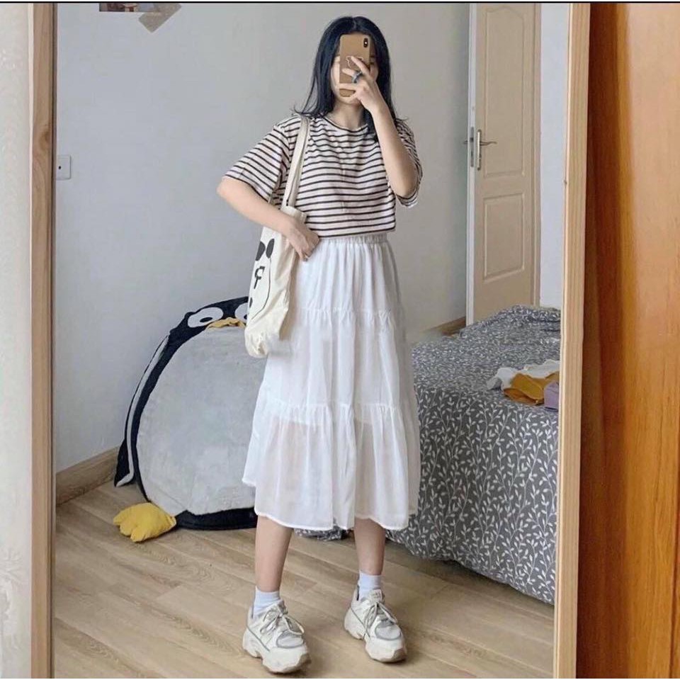 Chân váy vintage 2 màu trắng đen cạp chun freesize dáng dáng chất liệu voan 2 lớp nhẹ nhàng nữ tính VV12 | BigBuy360 - bigbuy360.vn