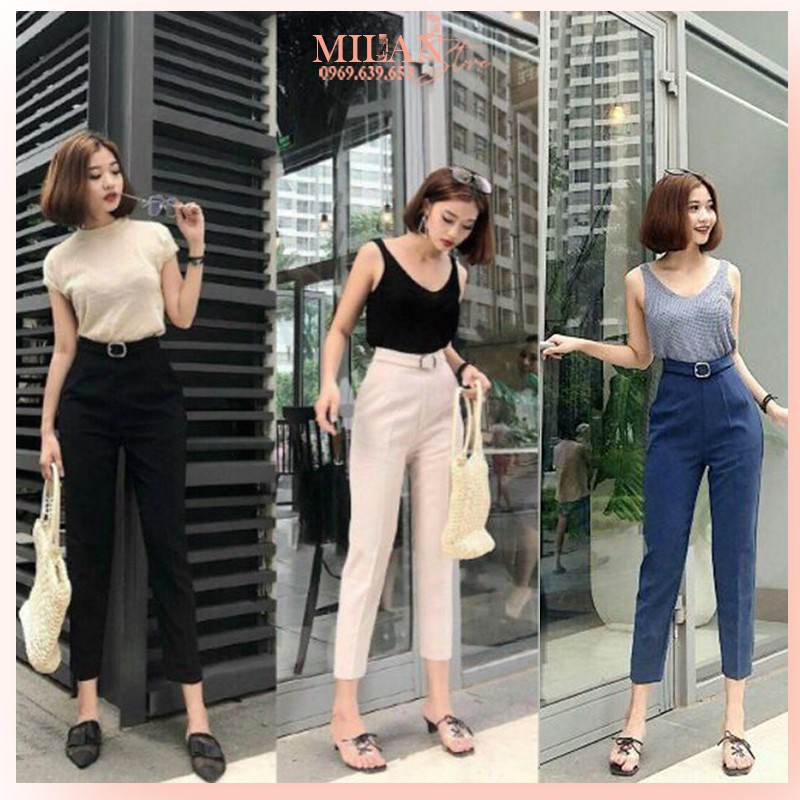 ✽Quần baggy nữ đai vuông rời vạt cúc bấm lệch - Dáng tây công sở dài ống đứng lưng cao Vải dày dặn mặc đi học làm