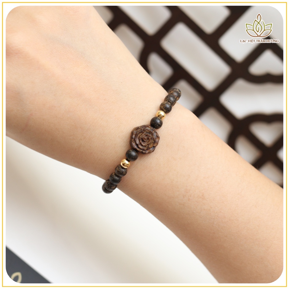 Vòng Tay Trầm Hương INDO Hạt 6MM Mix Hoa Hồng - Vòng Trầm Hương INDO Dó Dây Xịn VIP Cao Cấp Lạc Việt Trầm Hương