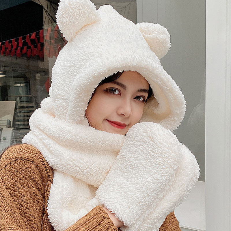 Nón trùm đầu kèm khăn choàng và găng tay 3 trong 1 hình gấu nhồi bông kiểu thu đông Hàn Quốc ấm áp dành cho nữ