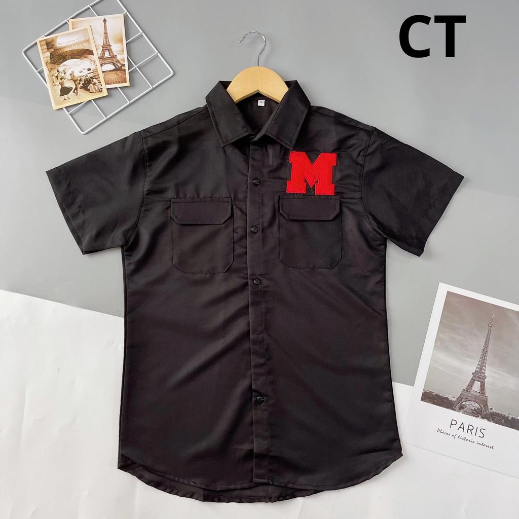 Áo Sơ Mi Nam Tay Ngắn Vải Đũi Túi Hộp Logo In Nổi Chữ M Chuẩn Form Lịch Sự Sang Trọng - SM 363 TUI HOP LOGO CHU M