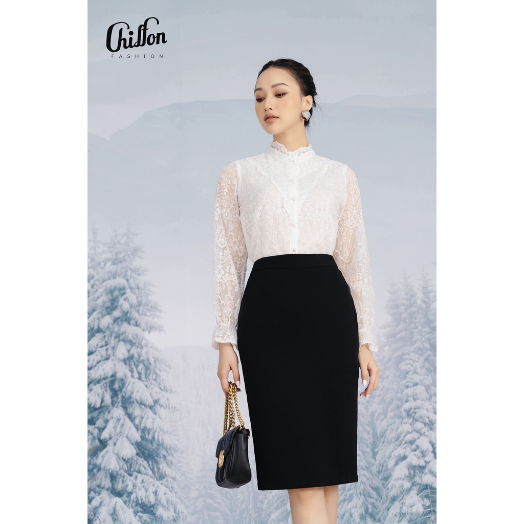 Áo sơ mi ren tay lỡ họa tiết cổ bèo thiết kế by Chiffon
