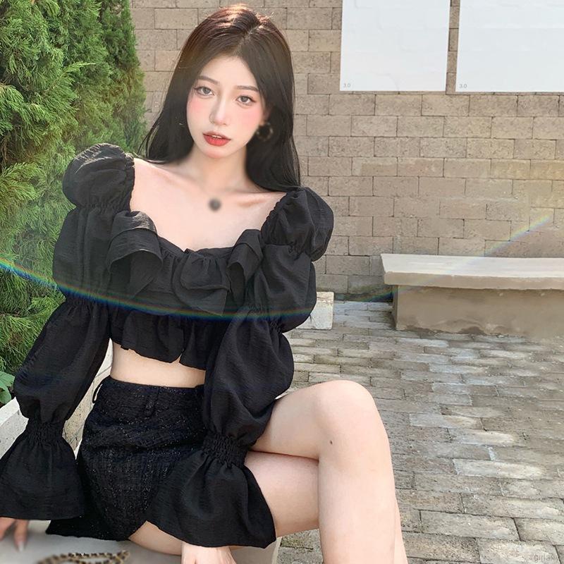 Áo croptop tay dài phồng cổ vuông dáng ôm chất liệu chiffon thời trang Hàn Quốc cổ điển cho nữ