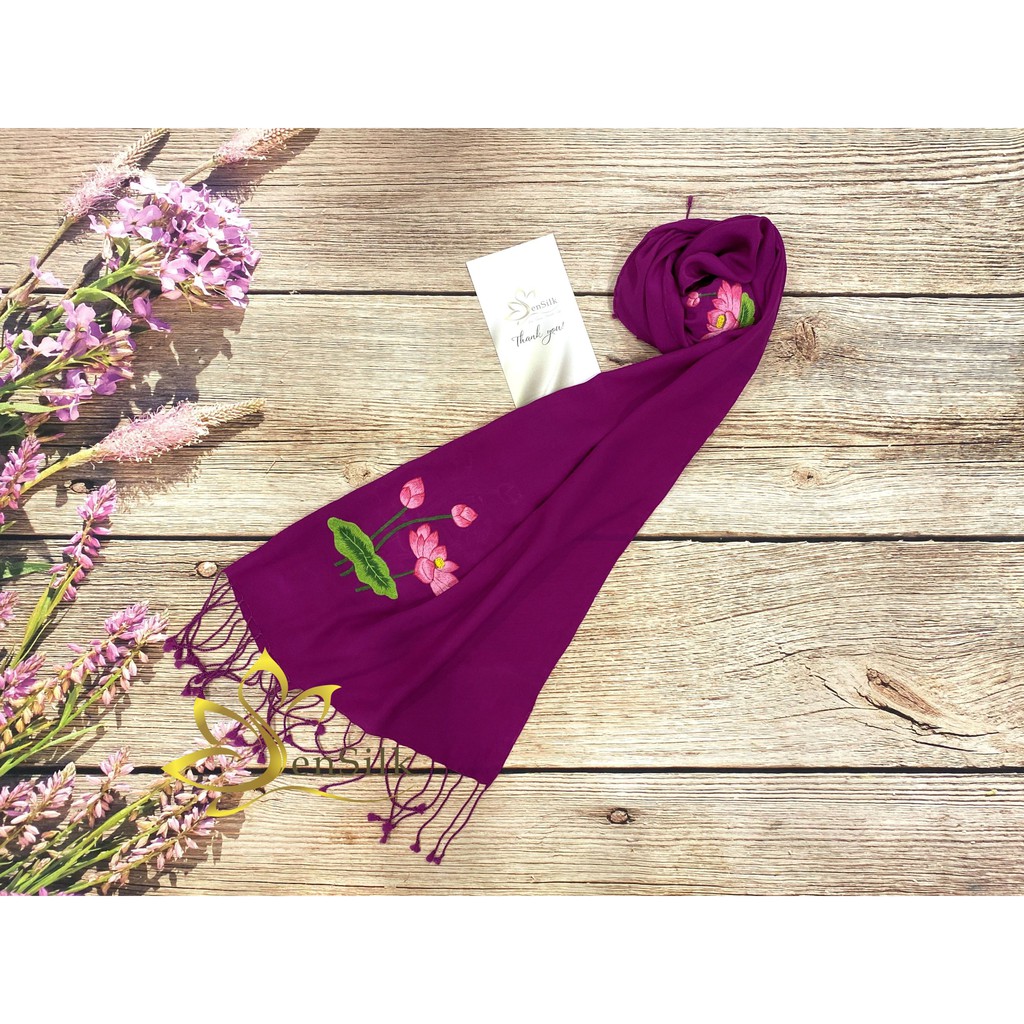 Khăn Lụa Cao Cấp SenSilk Thêu Tay Sen Việt 200x55cm, Quà Cho Người Nước Ngoài