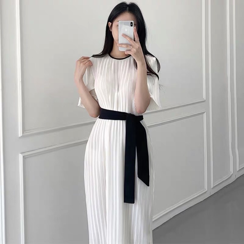 Váy suông dập ly 2 lớp kèm đai thắt eo dáng dài nữ tính order Taobao