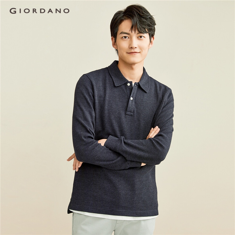 GIORDANO Áo polo nam dài tay waffle dày dặn màu dệt họa tiết ba chiều nhiều màu có sẵn 01012783