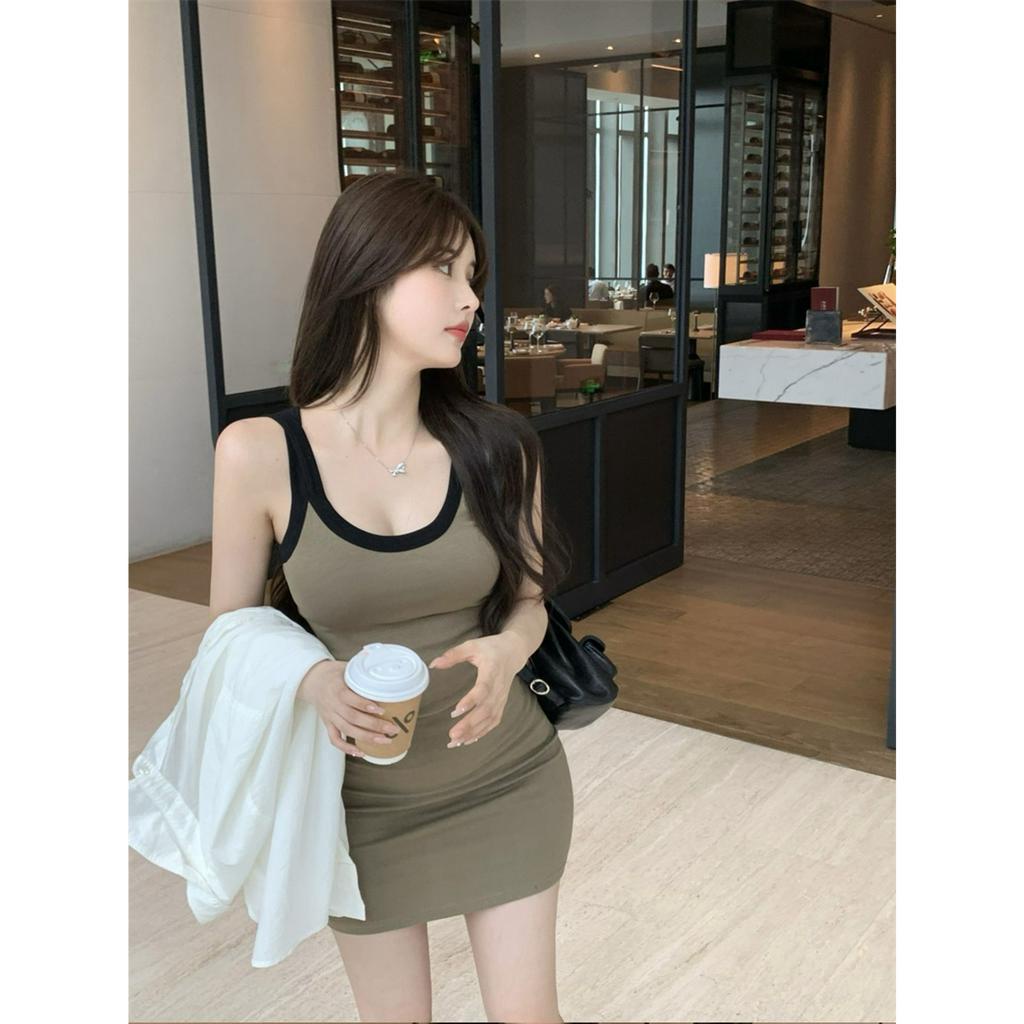 QADCOL Đầm Hai Dây Cổ Chữ U Màu Sắc Tương Phản Quyến Rũ Mùa Hè Cho Bé Gái