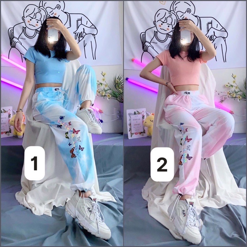 Set áo croptop + quần loang phản quang unisex