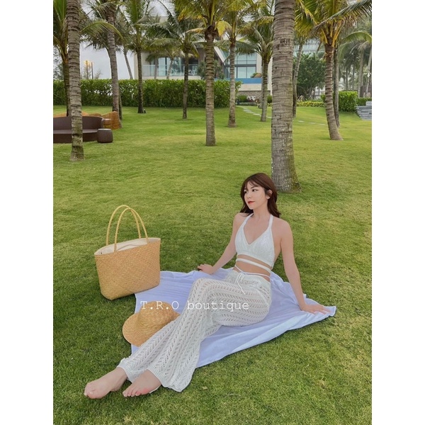 Set áo ngực quần ống rộng lưới đi biển, Set lưới bikini mặc đi biển siêu xinh