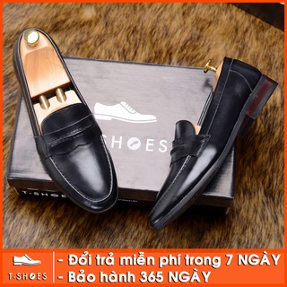 Giày lười nam công sở Penny Loafer da bóng, mũi tròn, gân nổi màu đen