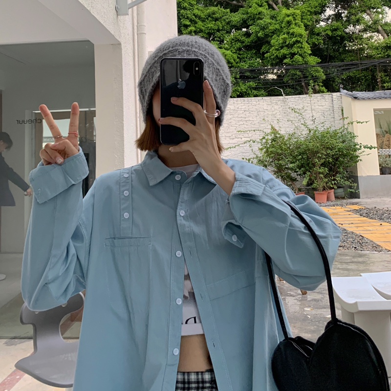 Sơ Mi Nữ Tay Dài Màu Trơn Phong Cách Retro Hàn Quốc