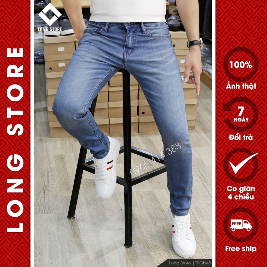 Quần jean nam trơn màu xanh nhạt ống đứng dáng ôm skinny chất bò co giãn cao cấp LONGSTORE Tron48