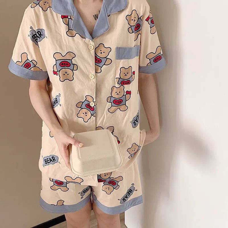Bộ đồ ngủ ngắn tay họa tiết gấu dễ thương phong cách Hàn Quốc thời trang mùa hè cho nữ