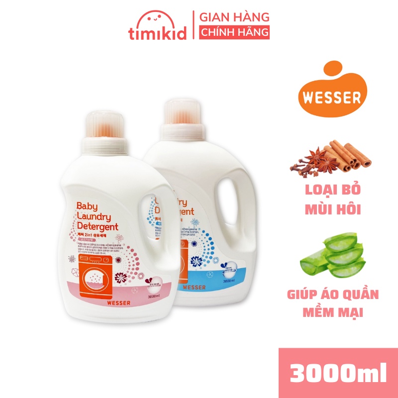 Nước giặt xả quần áo sơ sinh Wesser (2in1) Can 3000ml Làm Mềm Vải, Loại Mùi Hôi - Nước giặt quần áo trẻ em - Timikid