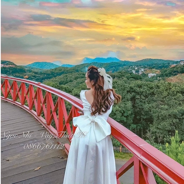 [Freeship] Đầm maxi trắng phồng nơ lưng