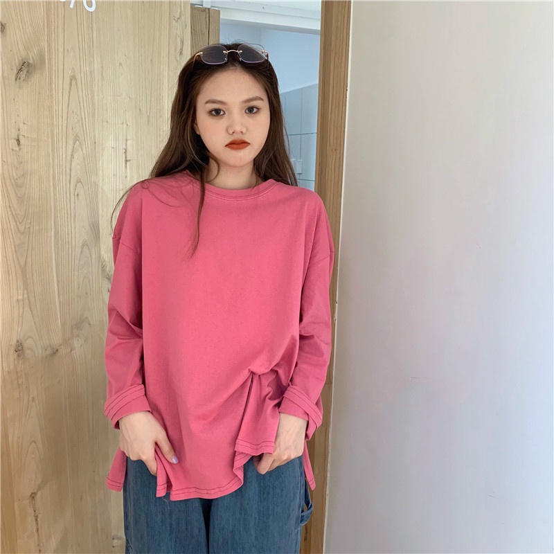 Áo thun tay dài cổ tròn màu trơn thiết kế xẻ tà đơn giản thời trang