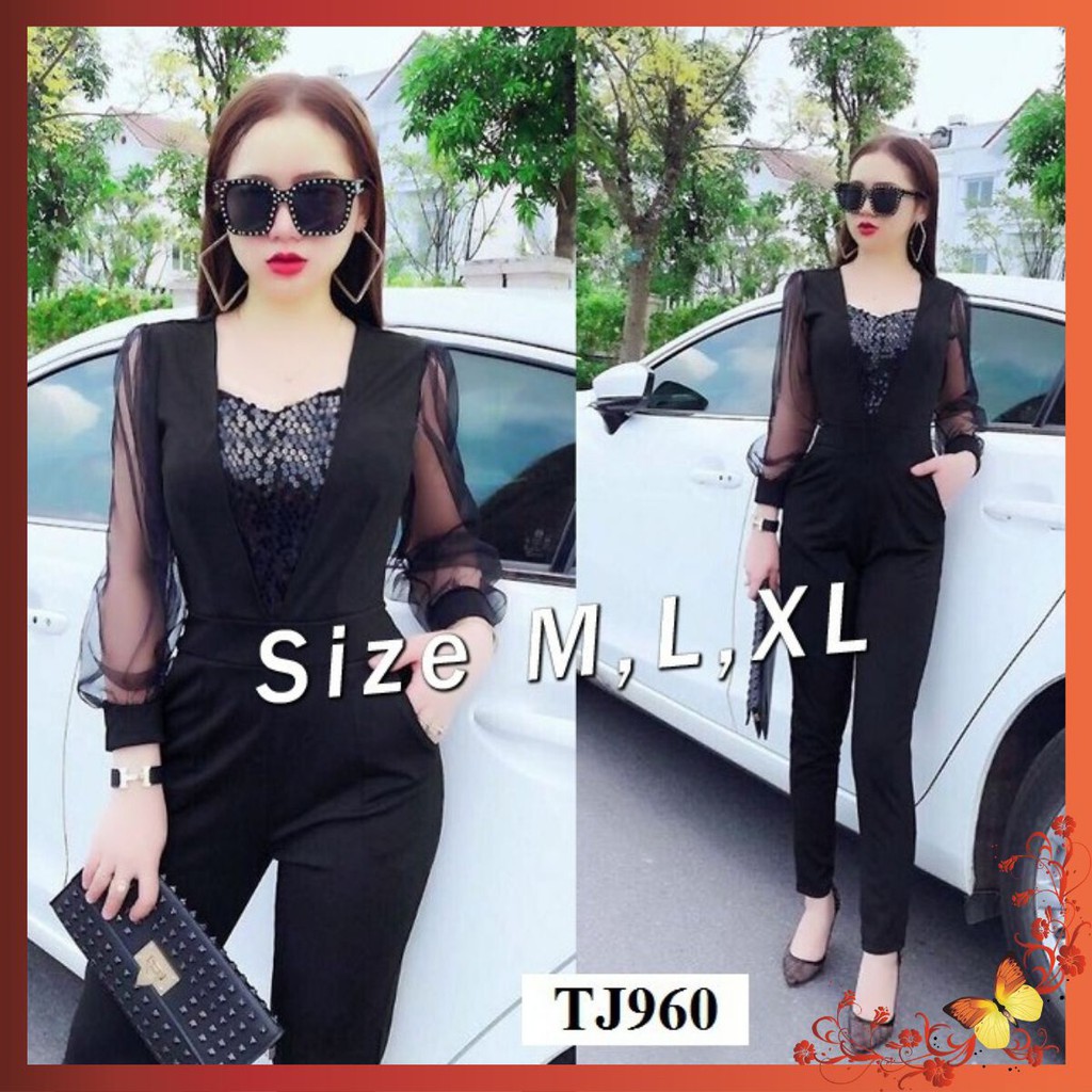 Jumpsuit Đẹp [FREESHIP] Jum dài tay phối lưới đính kim sa ngực xinh xắn TJ960