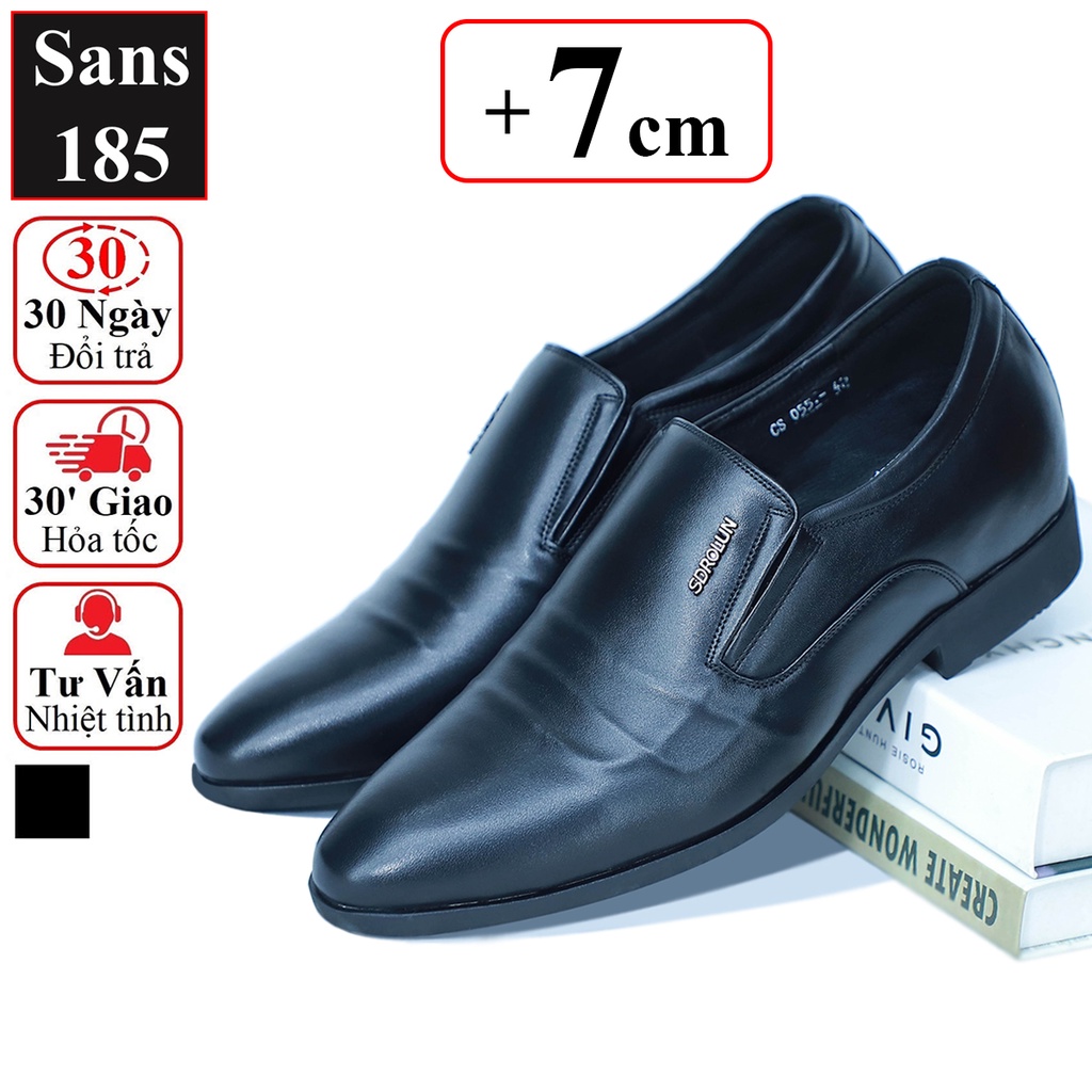 Giày nam da bò thật tăng chiều cao 7cm Sans185 giầy tây lười công sở độn đế cao cấp đen đẹp hàn quốc chú rể mặc vest
