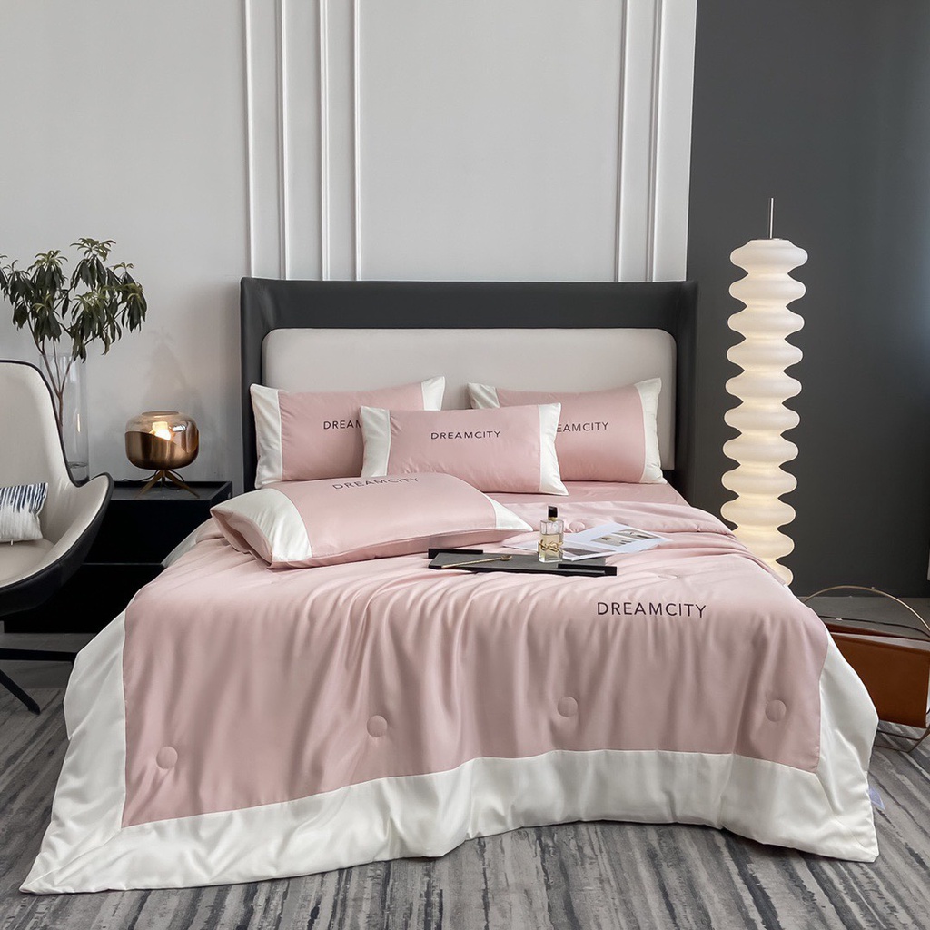 Set 5 món chăn ga Dreamcity, bộ chăn ga gối chất phi lụa màu pastel tặng kèm vỏ gối ôm
