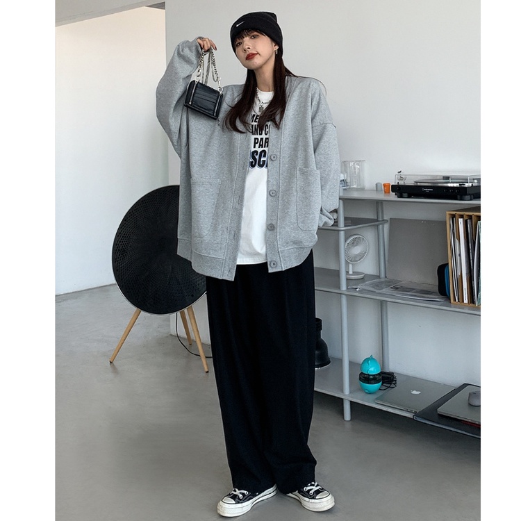 Áo Nỉ Dài Tay Cổ Chữ V Thời Trang Hàn Quốc Dành Cho Nữ