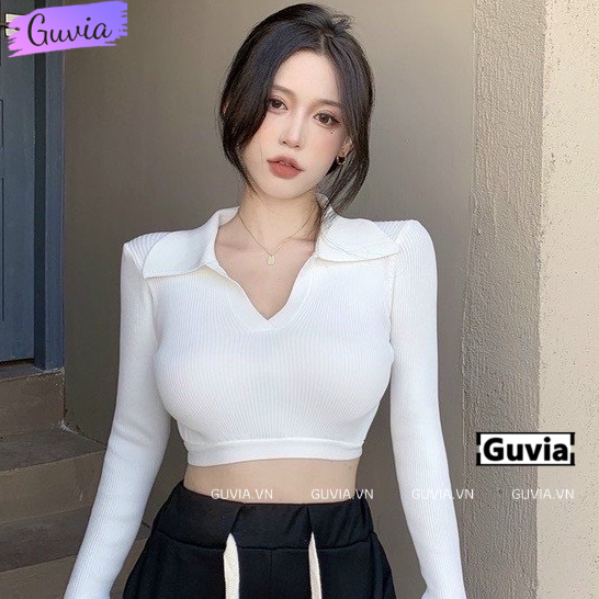 Áo Croptop Nữ Tay Dài CỔ BẺ XẺ V Ôm Body, Áo Thun Croptop Kiểu Sexy Chất Thun GUVIA CR68