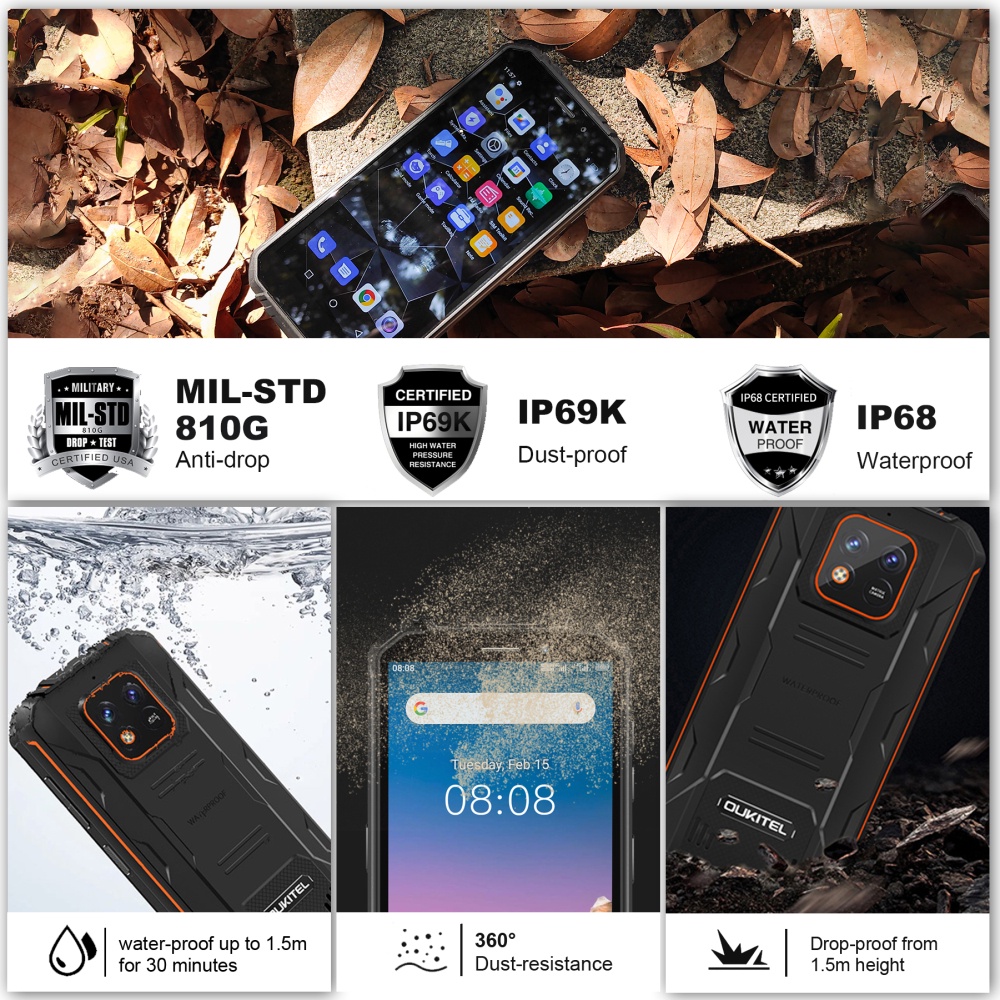 OUKITEL WP18（5.93" HD + / 12500mAh / IP68 và IP69K / 7GB + 32GB / 1TB / Helio A22 / 18W sạc nhanh 4G thẻ kép / Face ID / OTG / GPS）Điện thoại chống thấm nước mạnh mẽ