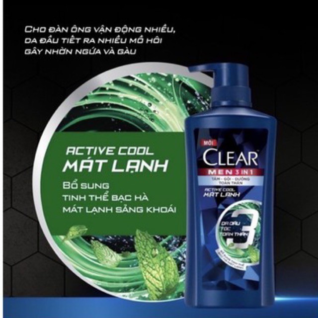Dầu tắm gội Clear men  3 in 1 chai 630g