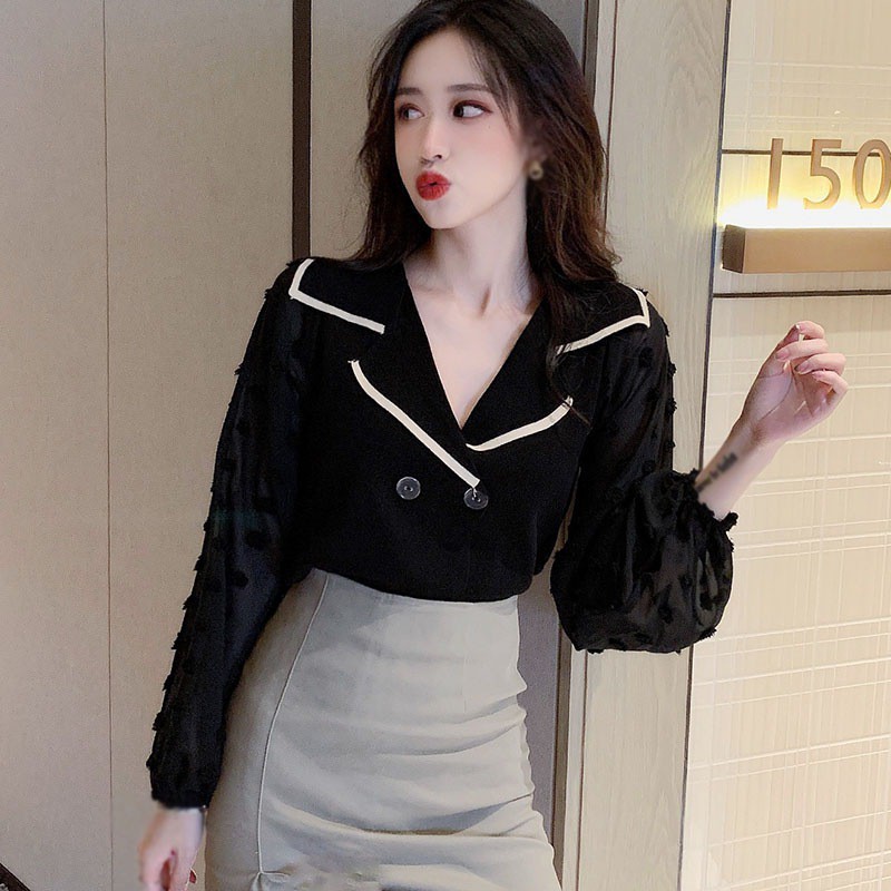 Áo Sơ Mi Tay Dài Cổ Bẻ Thiết Kế Cổ Chữ V Nữ Tính