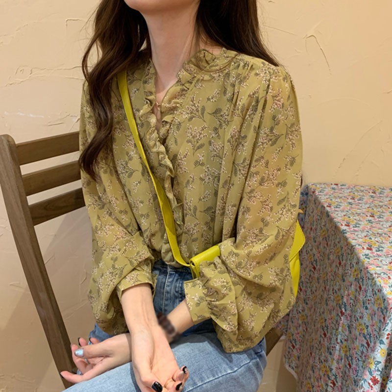Áo Sơ Mi Tay Dài Chất Chiffon Hoạ Tiết Hoa Thiết Kế Dáng Rộng Che Nắng
