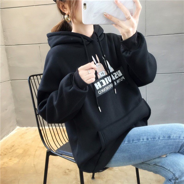 Áo khoác hoodie chui nỉ ngoại form rộng in 2 con thỏ có ảnh thật