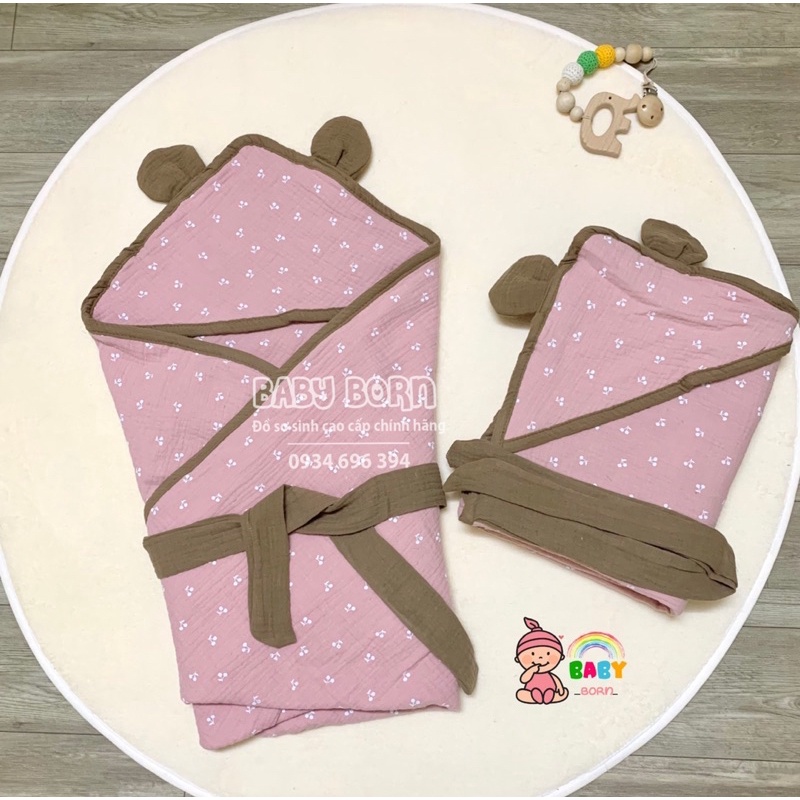 Emom - Chăn ủ Muslin sợi tre đa năng 4 lớp có mũ mềm mại