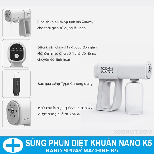 Súng Phun Khử Khuẩn cầm tay xịt phun xương 3 chế độ có đèn hồng ngoại diệt khuẩn - Bảo Hành 12 Tháng] Công Nghệ Số BV