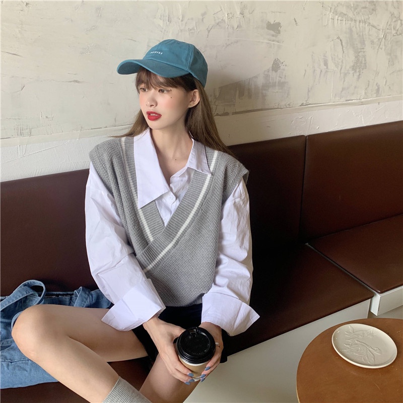 Áo Len Không Tay Cổ Chữ V Dáng Rộng Phong Cách Hàn Quốc Thời Trang