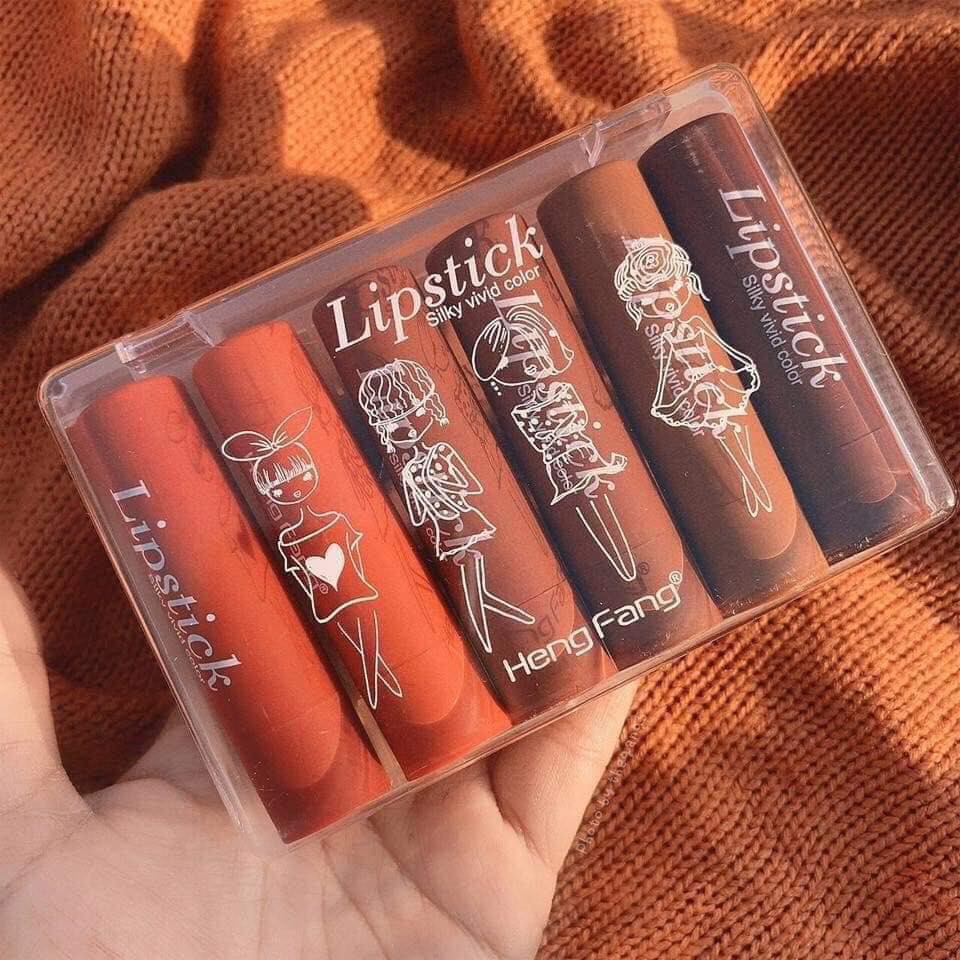 🌈🥑🍑 Set 6 Cây Son Sáp Siêu Lì Và Mịn Môi Lipstick  N0.H134 Silky Vivid Color Hengfang Cute Hột Me-W65-D14T4