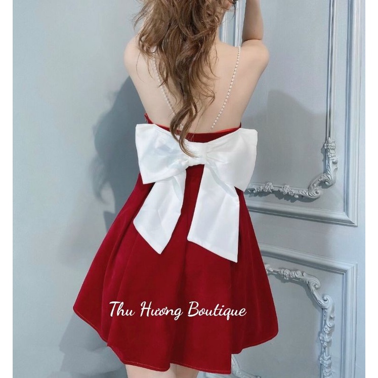Váy Nhung xoè  cúp tim phối nơ trắng dây Ngọc