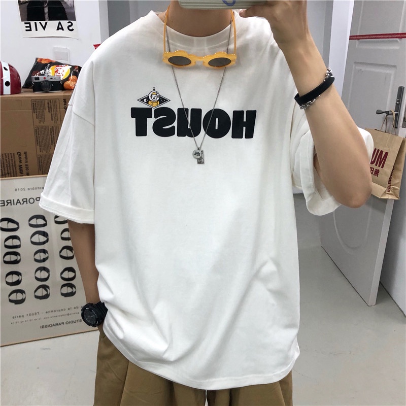 Áo thun tay ngắn cổ tròn dáng rộng in chữ thời trang Hàn Quốc cho nam nữ