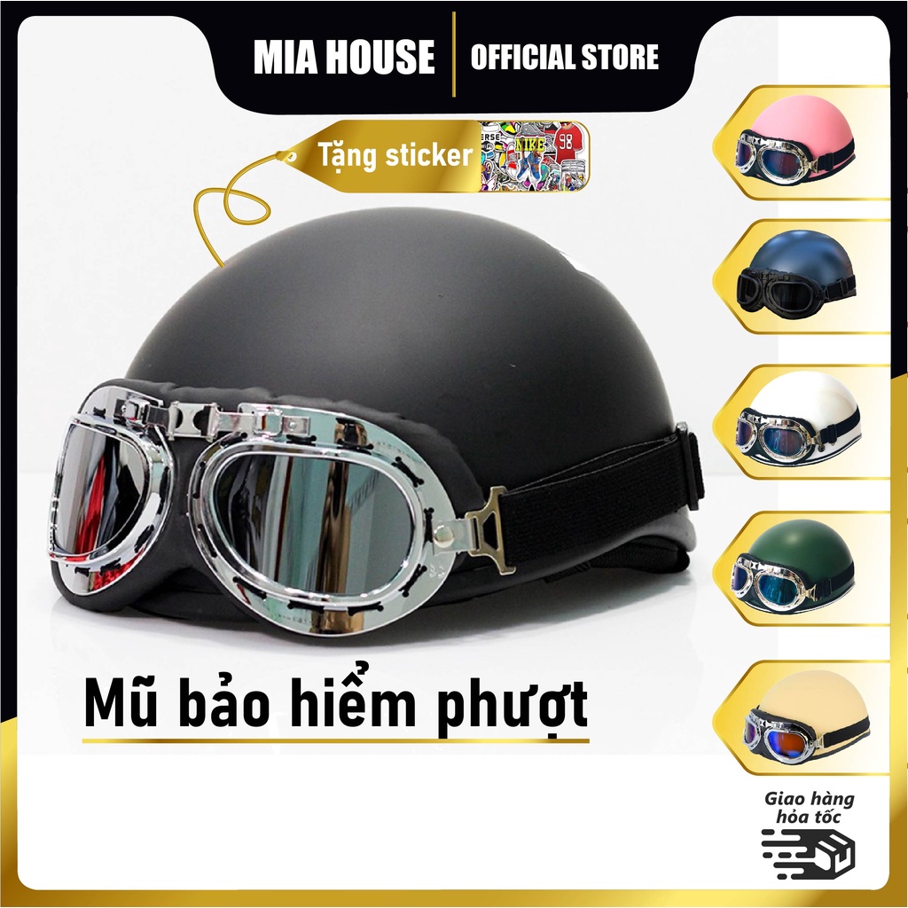 Mũ bảo hiểm phượt 1/2 kèm kính phi công nhiều màu (tặng kèm 1 bảng sticker mẫu ngẫu nhiên)