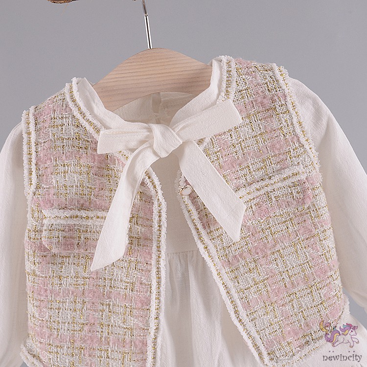 Bộ Đầm Dài Tay + Áo Khoác Vest Phong Cách Hàn Quốc Siêu Đáng Yêu Dành Cho Bé Gái