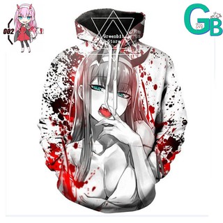 Áo hoodie nam tay dài in hình nhân vật Anime DARLING in the FRANXX 02 ZERO TWO Ahegao 3D độc đáo