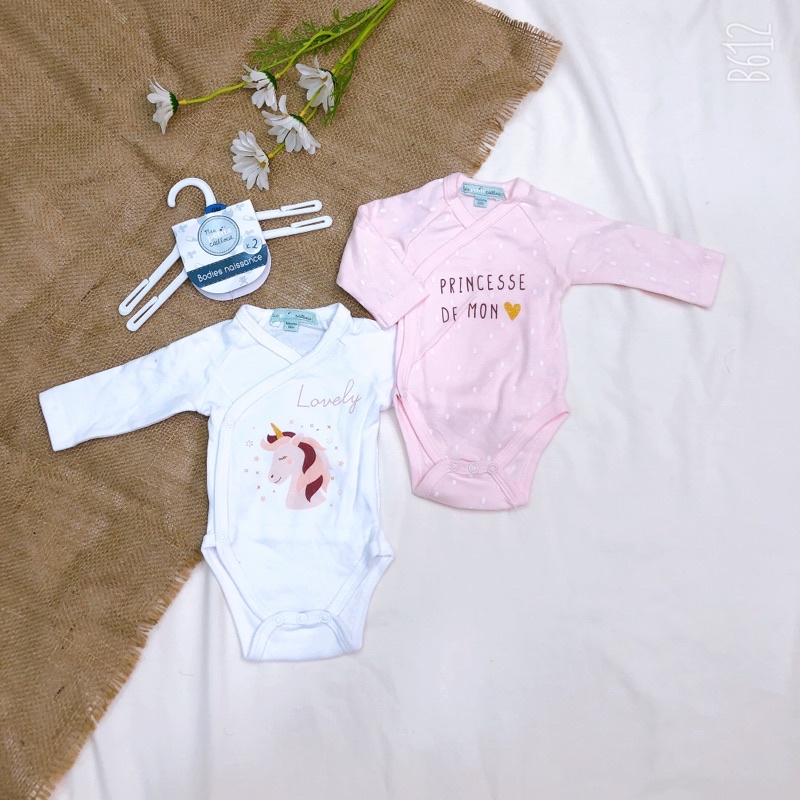 Set 2 body chip, bodysuit cotton dày dặn vạt chéo dài tay Quảng châu cho trẻ thiếu tháng, trẻ sơ sinh 1m,3m,6M-  Kèm móc