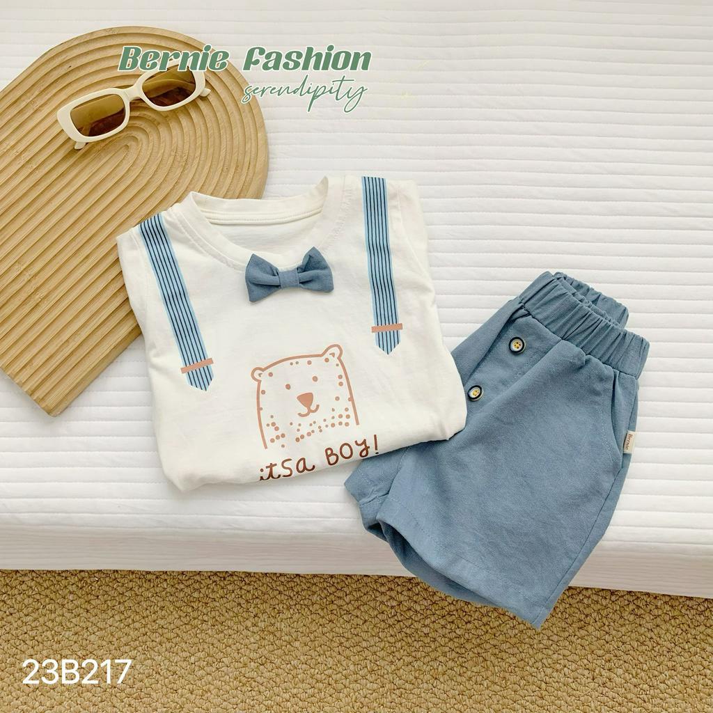 Bộ cotton công tử đính nơ sành điệu cho bé, bộ thun quần đũi phong cách Hàn Quốc Bernie