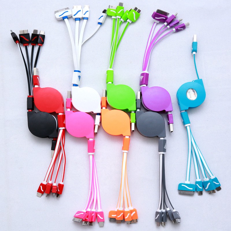Cáp sạc dây rút 4 đầu dài 1m xạc đa năng nhiều màu dùng trên ô tô hoặc cho điện thoại máy tính bảng